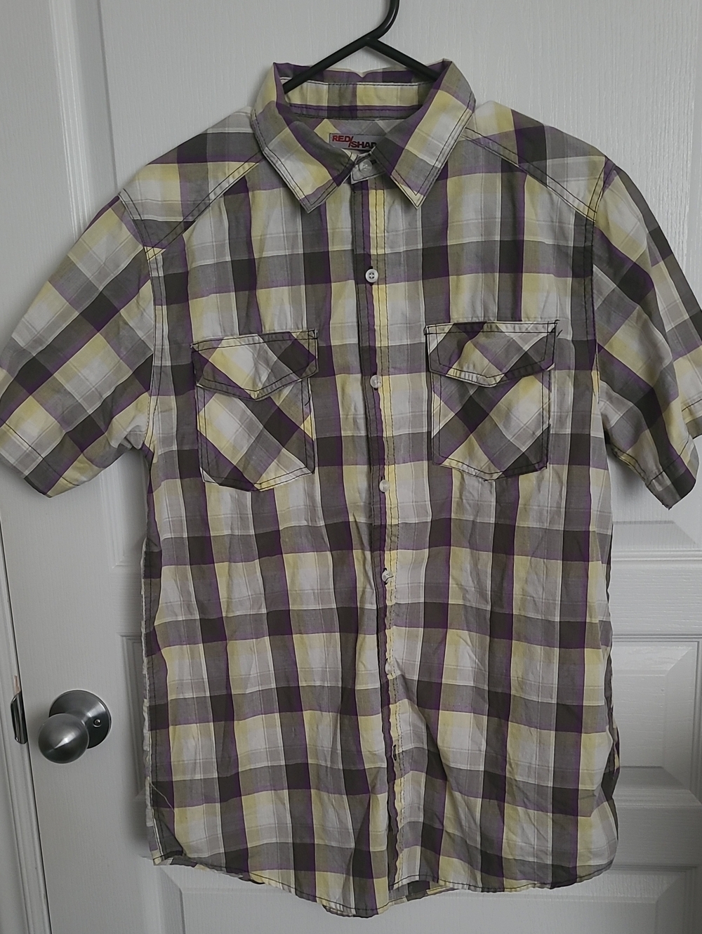 Casual Short-Sleeve Plaid Button-Down Shirt - Purple/Yellow/White